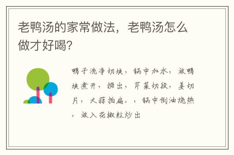 老鸭汤的家常做法，老鸭汤怎么做才好喝？